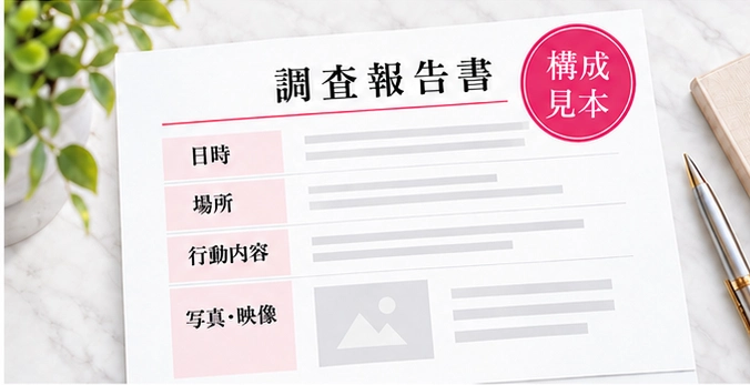 調査報告書の構成見本。日時、場所、行動内容、写真・映像の記載欄。